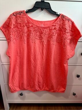 St. John's Bay Coral Lace-Yoke Short Sleeve Top